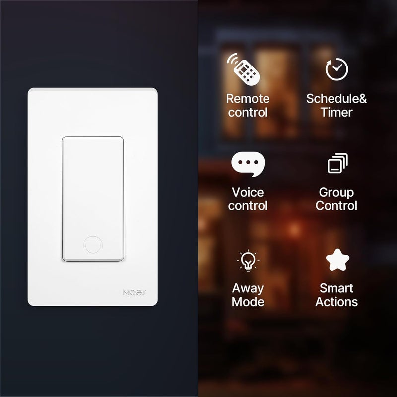 MOES مفتاح ضوء ذكي بعمود واحد، مفتاح حائط ذكي بتقنية 2.4GHz WiFi، يحتاج إلى سلك محايد، تحكم متعدد، تحكم عبر تطبيق Smart Life/TUYA، تحكم صوتي مع Alexa/Google Home، أبيض 1 مجموعة - Image 2